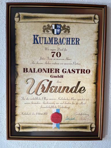 Urkunde 70 Jahre Kulmbacher Bier